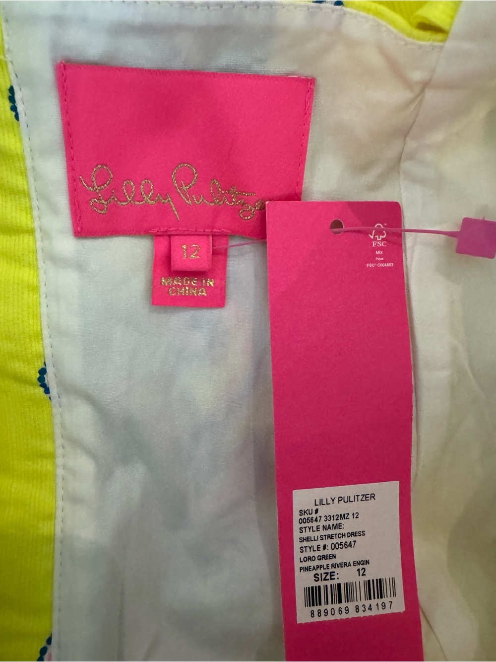 Lilly Pulitzer Pink Tag and Pineapple Green Dress Label